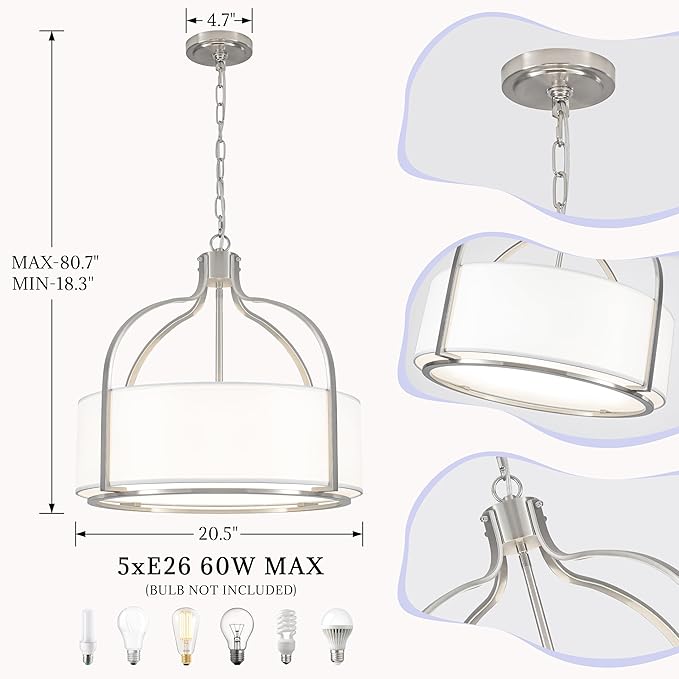 20.5'' Brushed Nickel Drum Chandelier, 5-Light Large Modern Chandeliers for Dining Room Hanging Light Fixture Drum Pendant Light with White Fabric Shade for Kitchen Living Room Foyer Bedroom