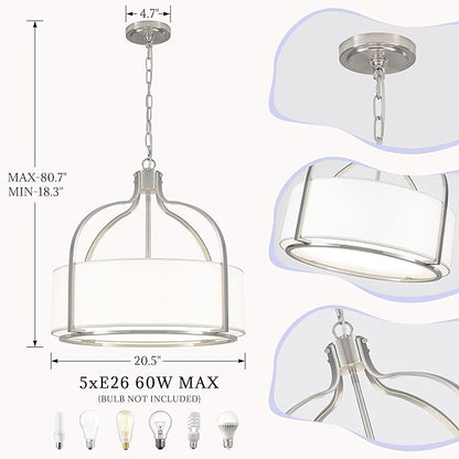 20.5'' Brushed Nickel Drum Chandelier, 5-Light Large Modern Chandeliers for Dining Room Hanging Light Fixture Drum Pendant Light with White Fabric Shade for Kitchen Living Room Foyer Bedroom
