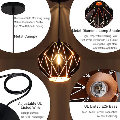 baunoisk Pendant Light Industrial Vintage Pendant Lamp Retro Farmhouse Ceiling Hanging Light Fixture Black Metal Creative Geometric Diamond Shade Pendant Lighting for Kitchen Island