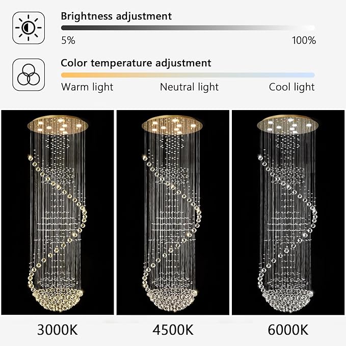 78'' Crystal Chandelier High Ceiling Chandeliers for Staircaes Large Raindrop Chandeliers LED Dimmable Flush Mount Light Fixtures for Foyer Hallway Entryway LED Bulbs Included Gold