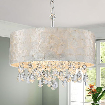 LumFurn 4-Light Drum Capiz Shell Crystal Chandeliers, Coastal Style Pendant Light Fixture for Dining Room, Living Room, D18 x 21~68"(Adjustable), Shell Lampshade & Chrome Finish