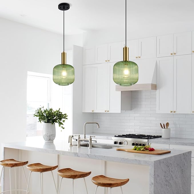 8 Inch Green Glass Pendant Lights Small Modern Chandelier Pendant Lighting Mid Century Hanging Lights Adjustable Kitchen Island Light for Dining Room Bedroom Hallway