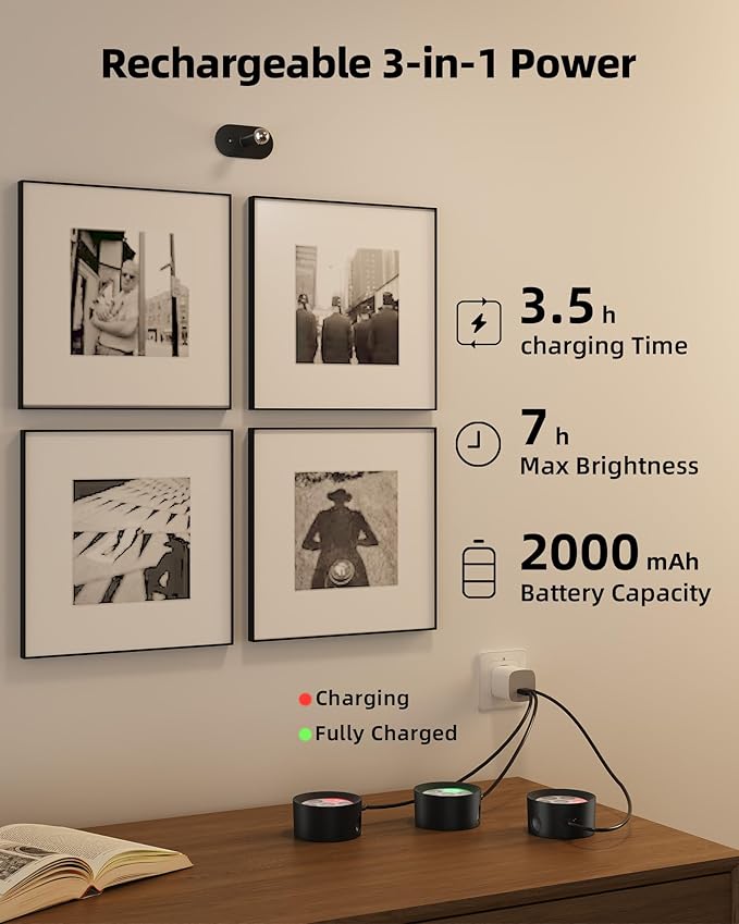 Picture Lights for Wall, 2000mAh Rechargeable Magnetic Art Lights with 3 Color Temps & RGB, Remote Dimmable Battery Operated Wall Light for Bedroom, Living Room, Gallery (Black, 6 Pack)