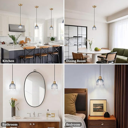 TALOYA Pendant Light with Blue Tulip Glass Lampshade, Brass Vintage Pendant Light Adjustable Hanging Light for Kitchen Island Bedroom Dining Room Hallway& Bar