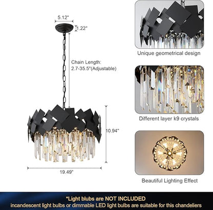A AXILIXI Modern Crystal Chandelier Black Round Chandelier for Dining Room, Drum Pendant Light Fixture 7-Light 20” Luxury Ceiling Light Contemporary for Entryway Foyer Bedroom