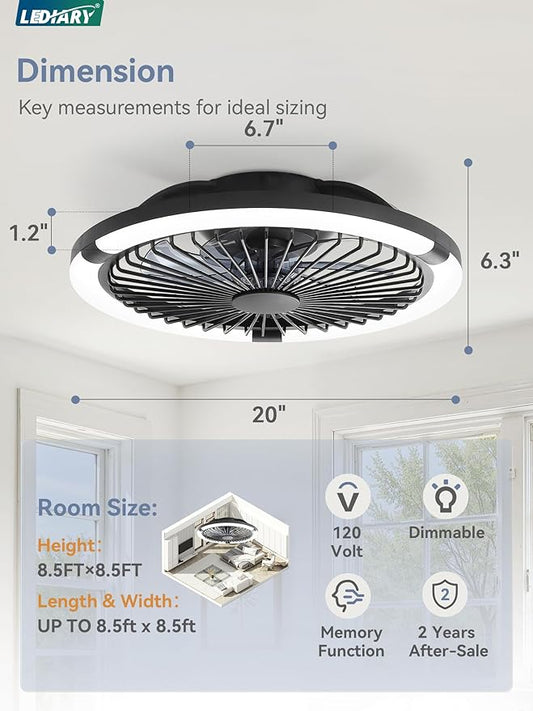 LEDIARY 20" Bladeless Ceiling Fan with Light,Low Profile LED Ceiling Fans with Remote & Smart APP Control,Modern Enclosed Flush Mount Fandelier with Timming,6 Speed,3000-6000K,Bedroom,Kids Room-Black