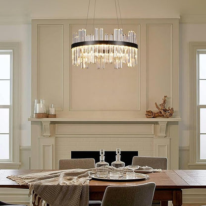 Modern Round Crystal Led Chandelier: 19.7" Black Luxury Chandeliers over Dining Table - Dimmable 3 Color Decorated Light Fixture - Elegant Drum Sparkly Chandelier for Living Room Bedroom with Remote