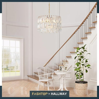 7-Light Crystal Gold Chandelier Modern 3-Tier K9 Crystal Round Light Fixture 16" Pendant Chandelier for Kitchen Island Dining Room Bedroom Foyer Entryway Hallway, E12
