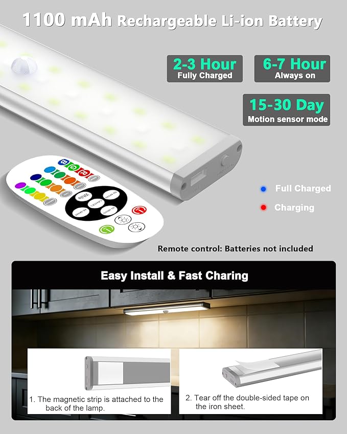 SZOKLED 58-LED Motion Sensor Under Cabinet Lights Wireless, RGB Closet Light Night Lights Remote, 1100mAh Rechargeable Under Cabinet Lighting Counter Lights for Indoor Kitchen, Stair (6 Packs)