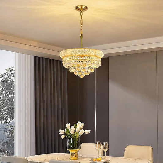 Crystal Chandeliers for Dining Room Light Fixture Over Table, Empire Style K9 Crystal Chandeliers for Bedroom, 4 Lights Gold Luxury Lighting Fixtures for Entryway Kitchen Island Foyer D15 Inch
