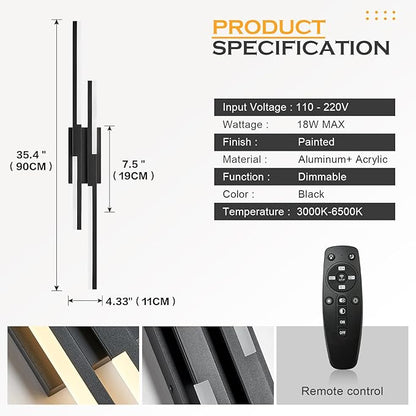Benkut Modern LED Wall Sconce Black Remote Wall Light Fixtures for Bathroom, Dimmable Vanity Light Indoor LED Remote Wall Sconce for Living Dining Room Bedside Bedroom (3000-6500K 35.4inch)