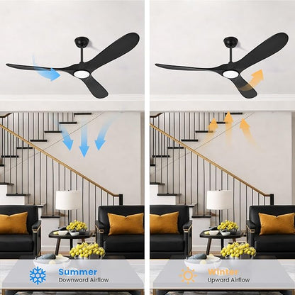 heimo 52 Inch Black Ceiling Fan with Light and Remote, Wood Outdoor Ceiling Fans with Lights Dimmable for Bedroom Living Room Patios Kitchen Modern 3 Blade Propeller Indoor Fan