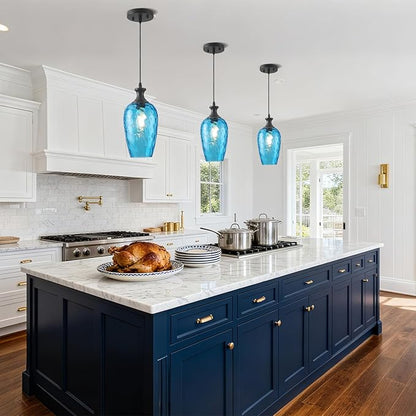 Glass Pendant Lights Kitchen Island, 1-Light Blue Pendant Light Fixtures with Hammered Glass, Modern Farmhouse Hanging Light for Kitchen Sink Dining Room Bedroom, E26