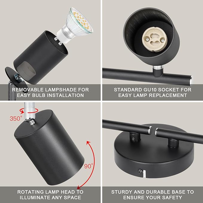 Ketom 4-Light Track Lighting Fixtures Ceiling, GU10 Black Led Ceiling Spotlight, Modern Track Light Kit for Kitchen Hallway Living Room