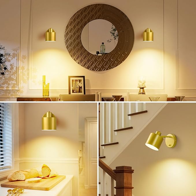 Lightess Sconces Wall Decor Set of 2 with Switch, 350° Rotatable Dimmable Gold Wall Sconce Hardwired, Industrial Wall Lights for Living Room, Bedroom, Bathroom, Hallway, (Not Included Bulb)