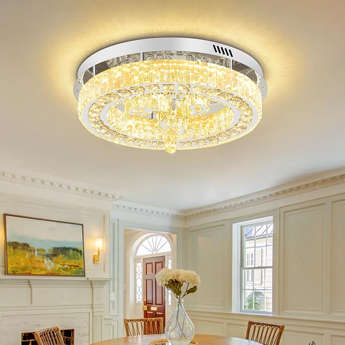 20'' Silver Modern Crystal Chandelier LED Dimmable Flush Mount Crystal Ceiling Light for Living Room Bedroom Dining Room