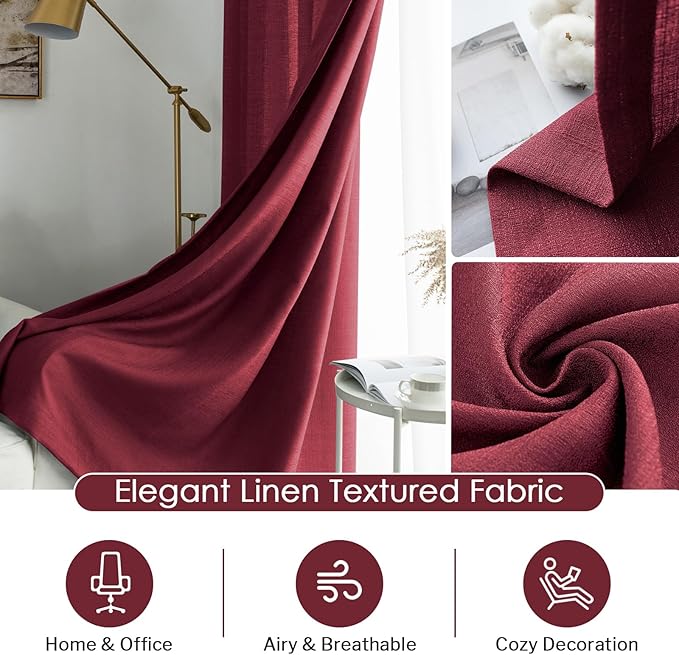 Melodieux Burgundy Semi Sheer Curtains 72 Inches Long for Bedroom, Living Room Farmhouse Linen Look Shiny Sheer Drapes, Rod Pocket Light Filtering Sheer Curtains, 52" W x 72" L, 2 Panels
