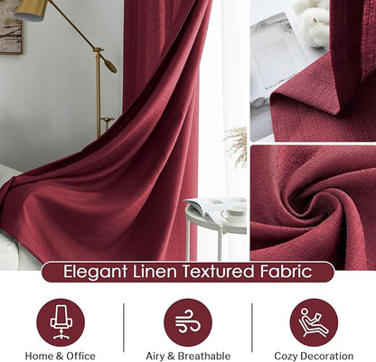 Melodieux Burgundy Semi Sheer Curtains 72 Inches Long for Bedroom, Living Room Farmhouse Linen Look Shiny Sheer Drapes, Rod Pocket Light Filtering Sheer Curtains, 52" W x 72" L, 2 Panels