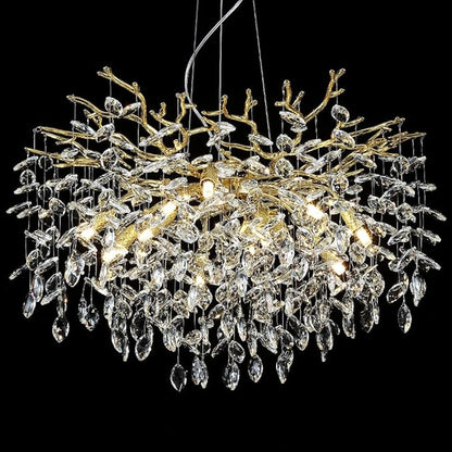 Modern Crystal Tree Branches Chandelier, 30in Gold 10 Lights Large Ceiling Hanging Light for Dining Room, Round Raindrop Pendant Light Fixture