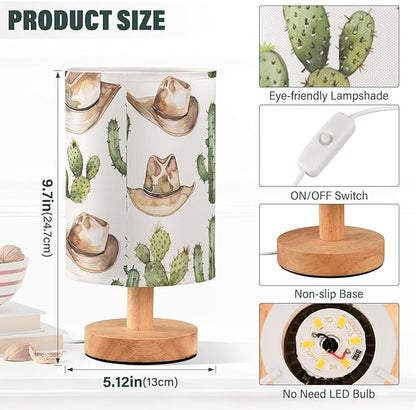Bedside Table Lamp Western Cowboy Desert Cactus Nightstand Lamp with Wood Desk Lamps for Bedroom Living Room Nursery Office Home Decor