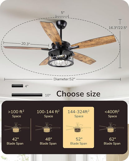 EDISHINE 52'' Farmhouse Ceiling Fans with Lights, 10%-100% Dimmable, 5 Wooden Blades, 1/2/4/6 Hour Timer, 6 Speeds Reversible DC Motor, Rustic Ceiling Fan for Living Room, Bedroom, Burnt Wood