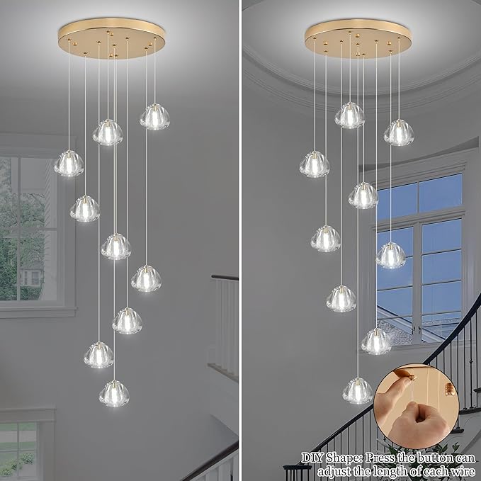 Modern Crystal Chandelier 9-Lights High Ceiling Raindrop Chandelier, Gold LED Round Indoor Lighting Fixture for Foyer Staircase Living Room