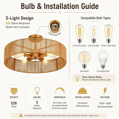 24" Natural Rattan Flush Mount Ceiling Light Fixture, 5-Light Gold Hand-Woven Wicker Boho Chandelier for Bedroom, Living Room, Dining Room, Kitchen, Rustic Lamp for Hallway and Entryway