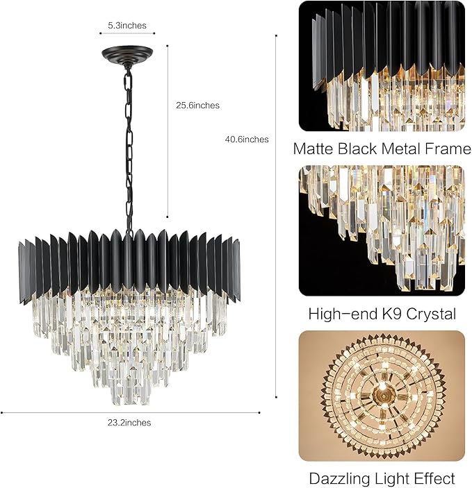Black Crystal Chandelier 24'' K9 Crystal Round Pendant Lights Adjustable 5-Tier Large Modern Crystal Chandelier Light 10-Lights for Dining Room Living Room Kitchen Foyer Entryway