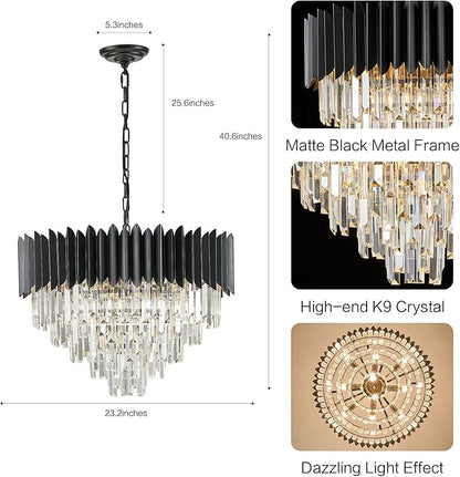Black Crystal Chandelier 24'' K9 Crystal Round Pendant Lights Adjustable 5-Tier Large Modern Crystal Chandelier Light 10-Lights for Dining Room Living Room Kitchen Foyer Entryway