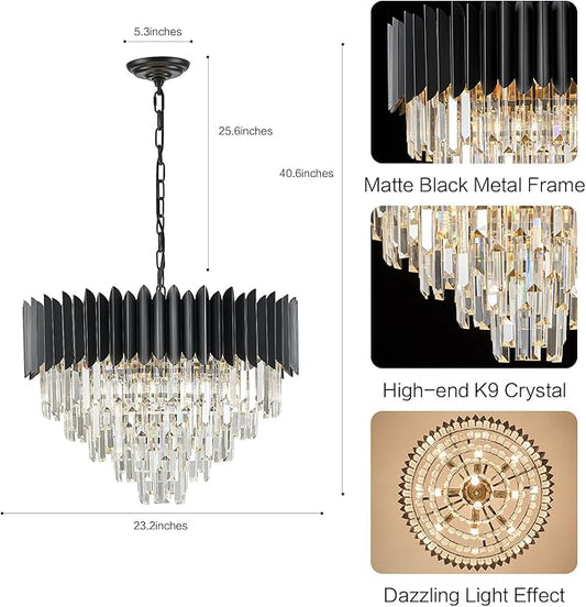 Black Crystal Chandelier 24'' K9 Crystal Round Pendant Lights Adjustable 5-Tier Large Modern Crystal Chandelier Light 10-Lights for Dining Room Living Room Kitchen Foyer Entryway