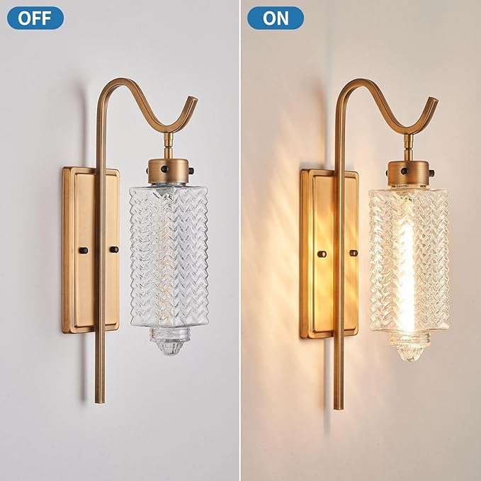Farmhouse Wall Sconces,Vintage Gold Metal Wall Mount Light Lantern with Glass Shade & E26 Socket,Indoor Wall Lamp,for Living Room, Bedroom, Bathroom, Hallway (Vintage Gold -1-Light)