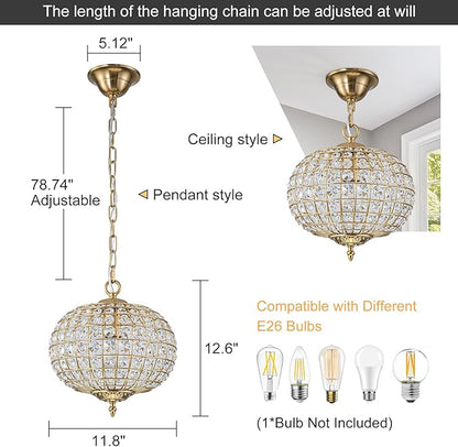 12" Globe Crystal Chandelier, Farmhouse Round Gold Crystal Pendant Light 1-Light Antique Foyer Chandelier for Dining Room Living Room Hallway Entryway