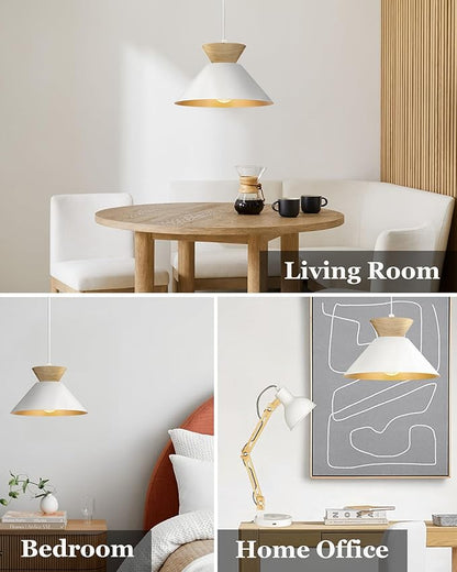 ELYONA 3 Pack Modern Pendant Light Fixtures Solid Wood Ceiling Hanging Lamp Matte White Metal & Gold Inner Finish Nordic Pendant Light for Farmhouse Kitchen Island Dining Room Bedroom Living Room