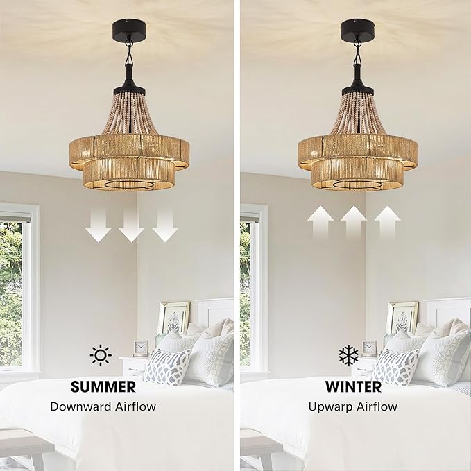 20 inch Boho Chandelier with Fan, Remote and App Control, Double-Layer Drum Shade, 8-Lights Rattan Farmhouse Fandelier for Dining Room, Bedroom, Kitchen