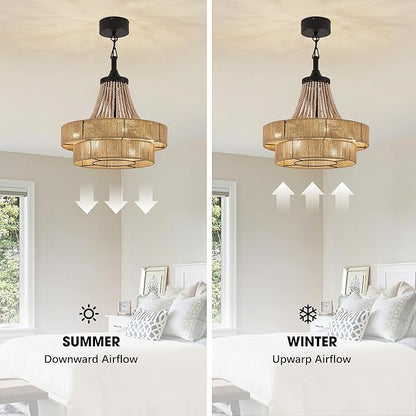 20 inch Boho Chandelier with Fan, Remote and App Control, Double-Layer Drum Shade, 8-Lights Rattan Farmhouse Fandelier for Dining Room, Bedroom, Kitchen