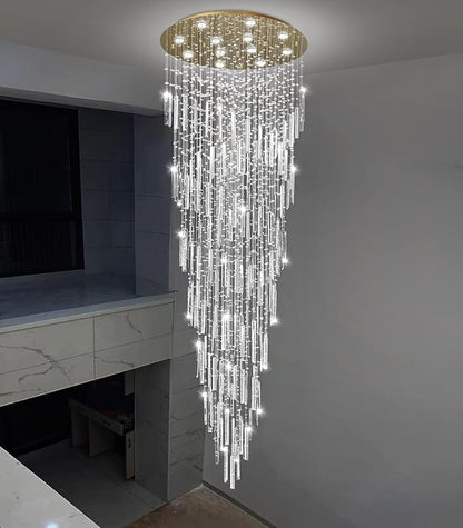 98'' Modern Crystal Chandelier High Ceiling Chandeliers for Entryway Large Raindrop Chandeliers LED Dimmable Flush Mount Light Fixtures for Staircaes Foyer Hallway Living Room LED Bulbs Included Gold
