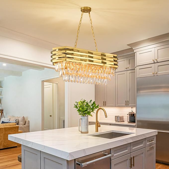 Gold Modern Crystal Chandeliers for Dining Room 8-Light Gold Chandelier Living Room Dining Room Chandelier Oval Ceiling Hanging Light Pendant Light Fixture for Kitchen Island Bar L32 inch