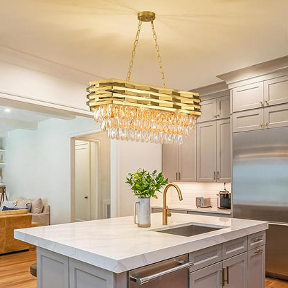 Gold Modern Crystal Chandeliers for Dining Room 8-Light Gold Chandelier Living Room Dining Room Chandelier Oval Ceiling Hanging Light Pendant Light Fixture for Kitchen Island Bar L32 inch