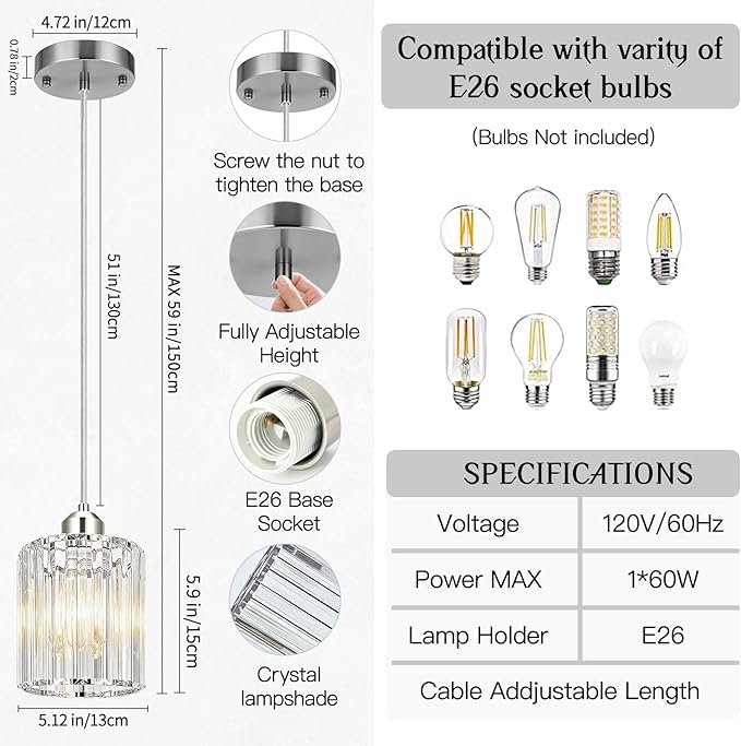 3 Pack Pendant Lights Kitchen Island, Modern Island Lights for Kitchen with Crystal Glass – Luxury Nickel Pendant Lights for Kitchen Island, Dining Table, Entryway, Restaurant