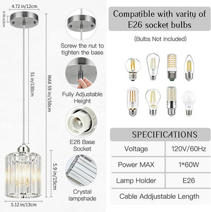 3 Pack Pendant Lights Kitchen Island, Modern Island Lights for Kitchen with Crystal Glass – Luxury Nickel Pendant Lights for Kitchen Island, Dining Table, Entryway, Restaurant