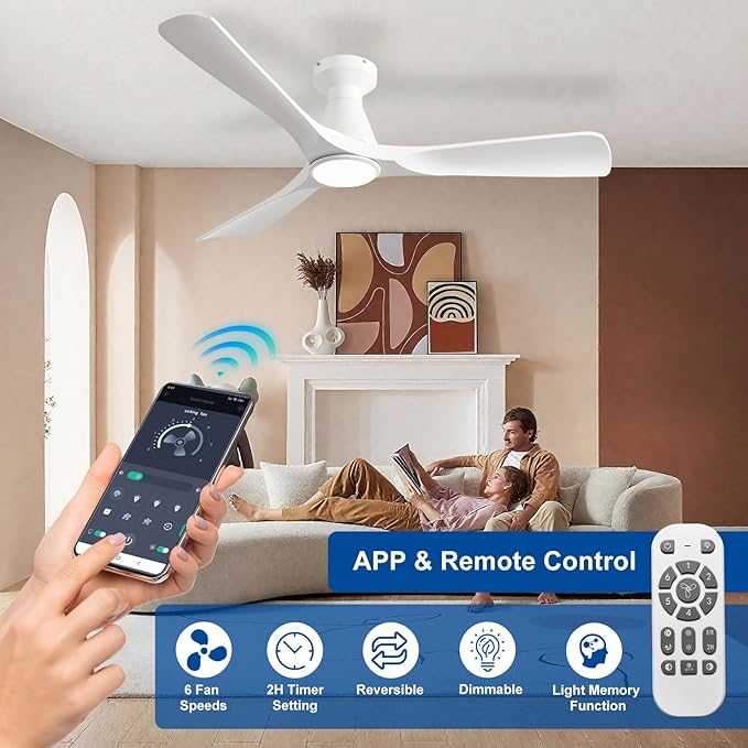DLLT 52-Inch Ceiling Fans with Lights: Flush Mount Ceiling Fan 3 Blades for Indoor Outdoor - White Ceiling Fan with Remote APP Control Noiseless for Low Profile Bedroom