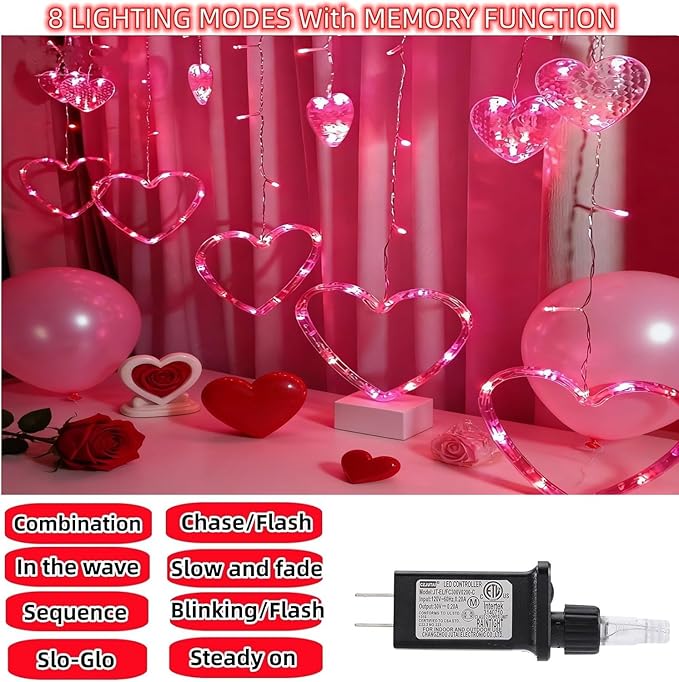 Efunly Valentines Day Decor Lights,138 LED 12-Heart-Shaped String Lights Waterproof,8 Modes Connetable 29V Plug in Curtain Lights for Kids Bedroom Wedding Party Valentines Day Decoration (Red+Pink)