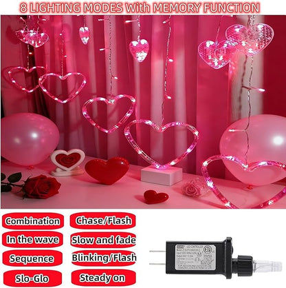 Efunly Valentines Day Decor Lights,138 LED 12-Heart-Shaped String Lights Waterproof,8 Modes Connetable 29V Plug in Curtain Lights for Kids Bedroom Wedding Party Valentines Day Decoration (Red+Pink)