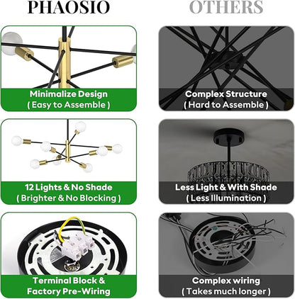 Sputnik Chandelier 8-Light, Mid Century Modern Height Adjustable Ceiling Light Fixture for Dining Room, Kitchen Island, Living Room,Bedroom-Black and Gold