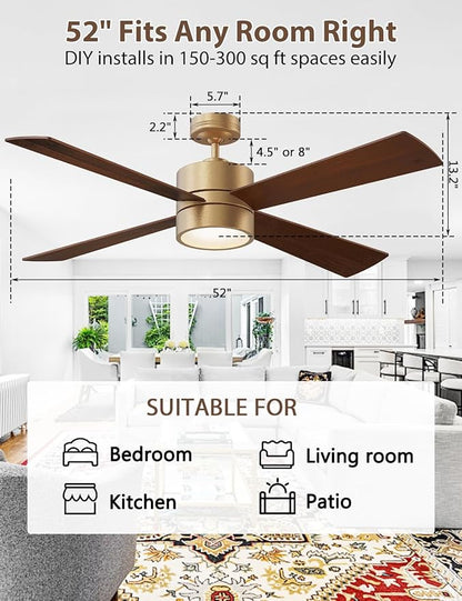 52" Outdoor Ceiling Fan with Lights and Remote – Luxury Gold Finish, Waterproof DC Motor, Reversible, Dimmable LED, Smart APP Control for Patios, Gazebo, and Indoor Spaces