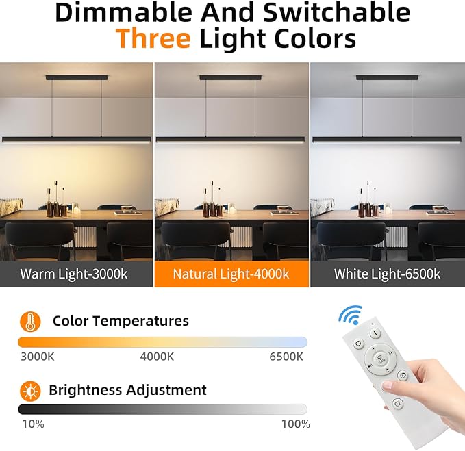 Modern LED Linear Pendant Light, 59IN Ceiling Chandlier Light Fixtures Hanging with Remote Control 3000k-6500K Adjustable Color Temperature Island Light for Dining Room, Kitchen