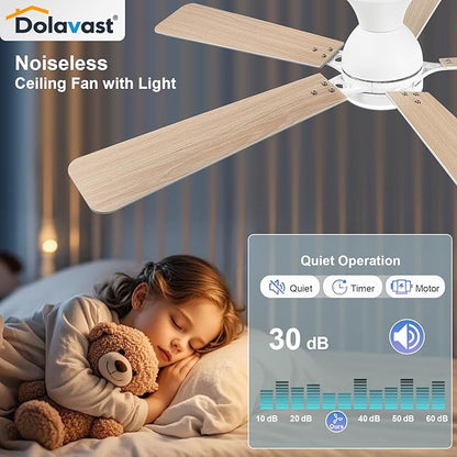 Ceiling Fans with Lights and Remote, 52 Inch White Ceiling Fan with Light, Low Profile Reversible Fandelier Ceiling Fan, Dimmable LED, Flush Mount, Quiet DC Motor, for Bedroom Kitchen