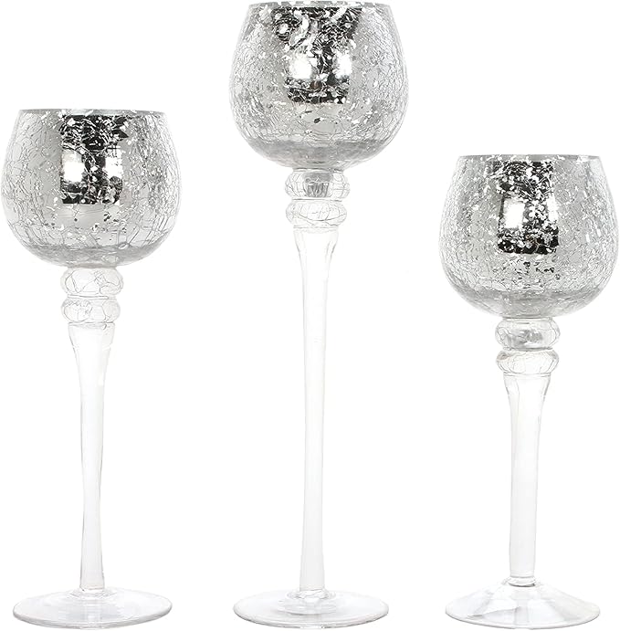 Hosley Set of 3 Metallic Crackle Glass Tealight Holders – 12", 10", 9" Elegant Home Decor, Ambient Lighting, Stylish Centerpieces & Gift Idea