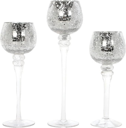 Hosley Set of 3 Metallic Crackle Glass Tealight Holders – 12", 10", 9" Elegant Home Decor, Ambient Lighting, Stylish Centerpieces & Gift Idea