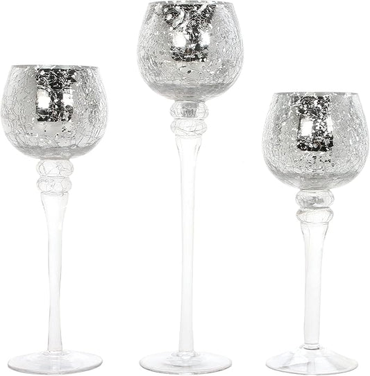 Hosley Set of 3 Metallic Crackle Glass Tealight Holders – 12", 10", 9" Elegant Home Decor, Ambient Lighting, Stylish Centerpieces & Gift Idea